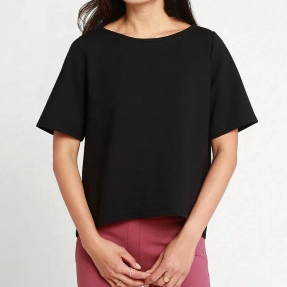 Beta Brand Women’s Boxy Short Sleeve High Low Top Small Black Ponte Knit